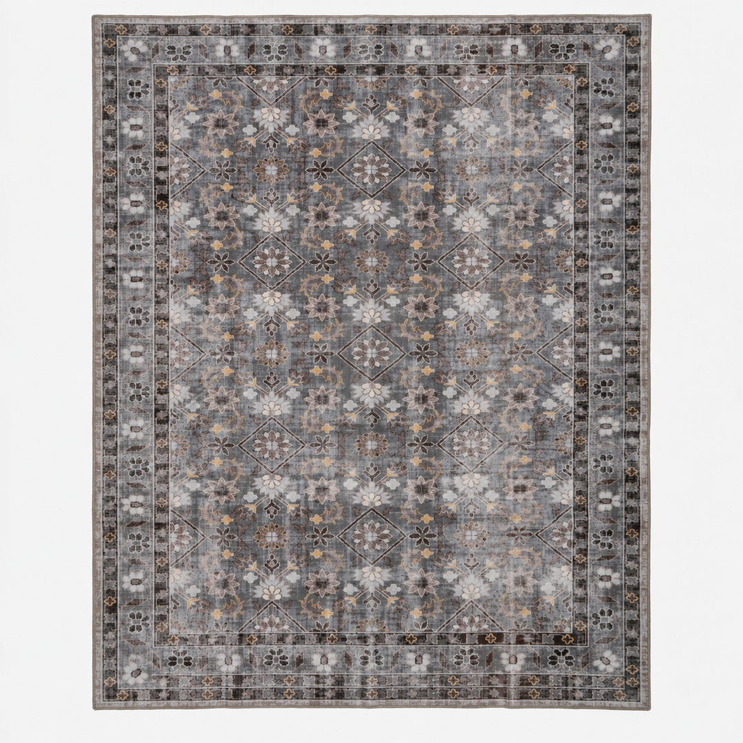 Expobazaar Washable Grey Taupe Persian Floral Rug | Rug in a Box