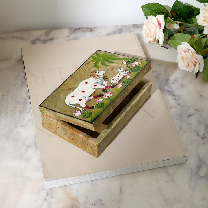 Soapstone Carved Cow & Calf Box (Large)