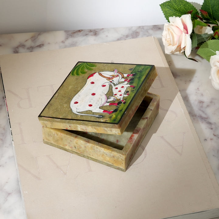 Soapstone Carved Cow & Calf Box (Small)