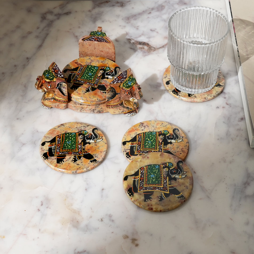Handcrafted Elephant Miniature Painting  Coaster Set of 6