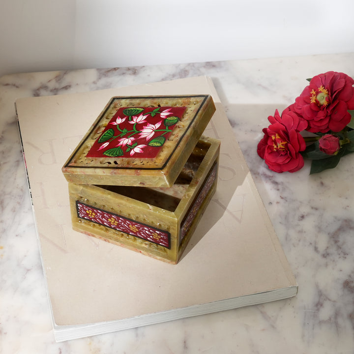 Soapstone Hand-Painted Lotus Box (small)