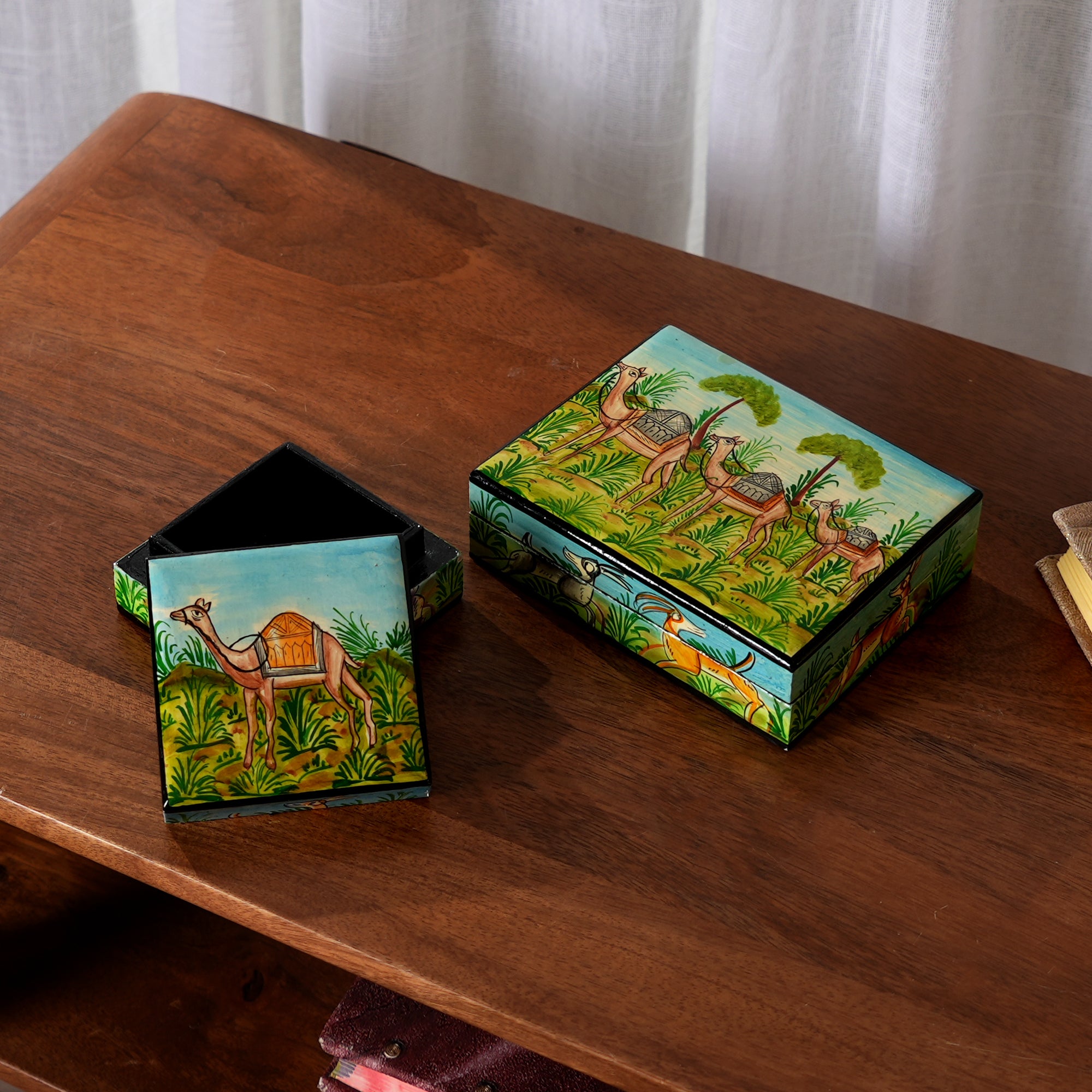 Handcrafted Wooden Flat Box - Animal Art (Set of 2)