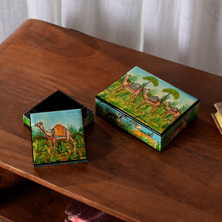 Handcrafted Wooden Flat Box - Animal Art (Set of 2)