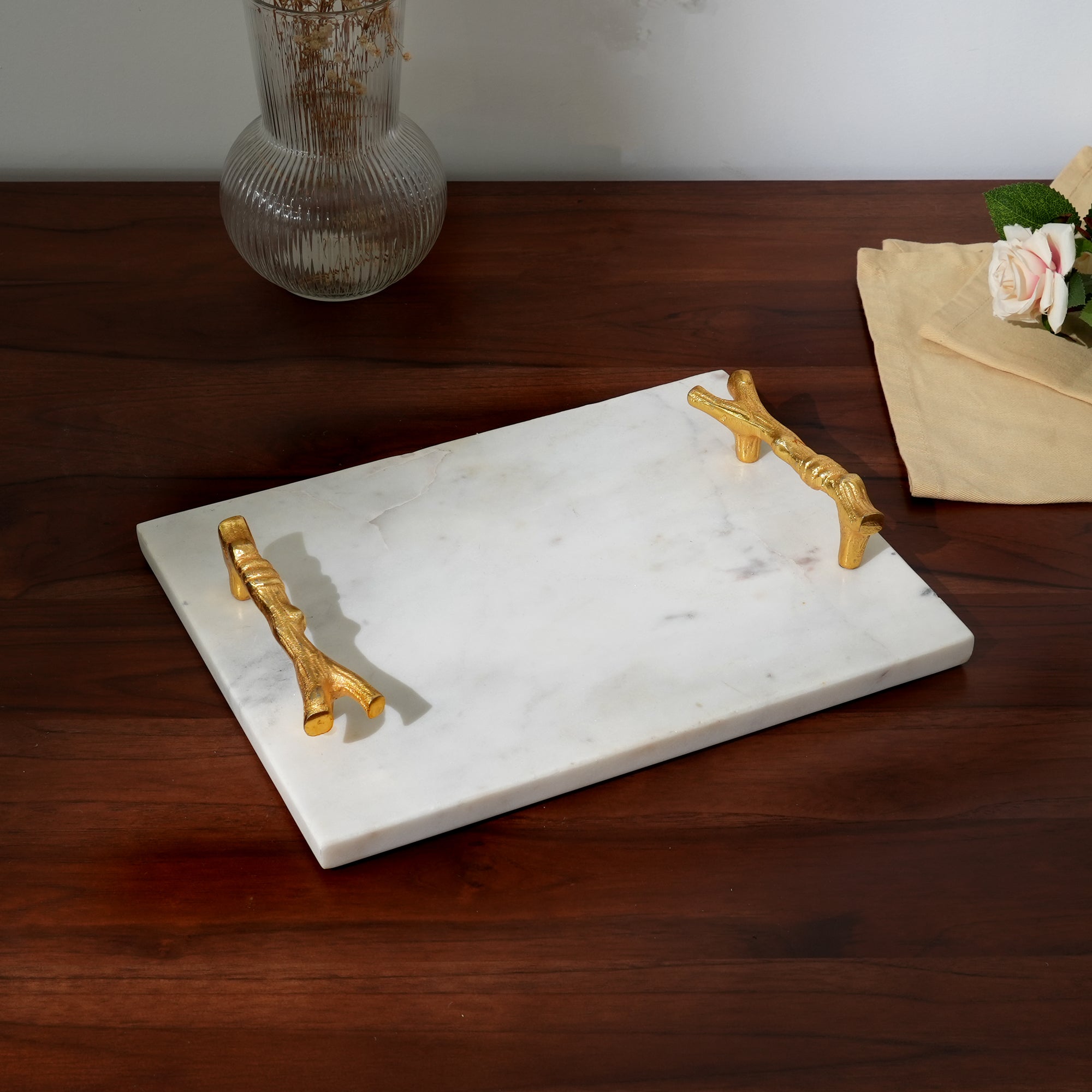 Elegant Marble Serving Tray with Gold Handles