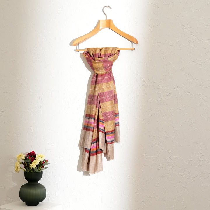 Handloom Pashmina Shawl – Stripe Checkdar Design in Golden Beige and Purple