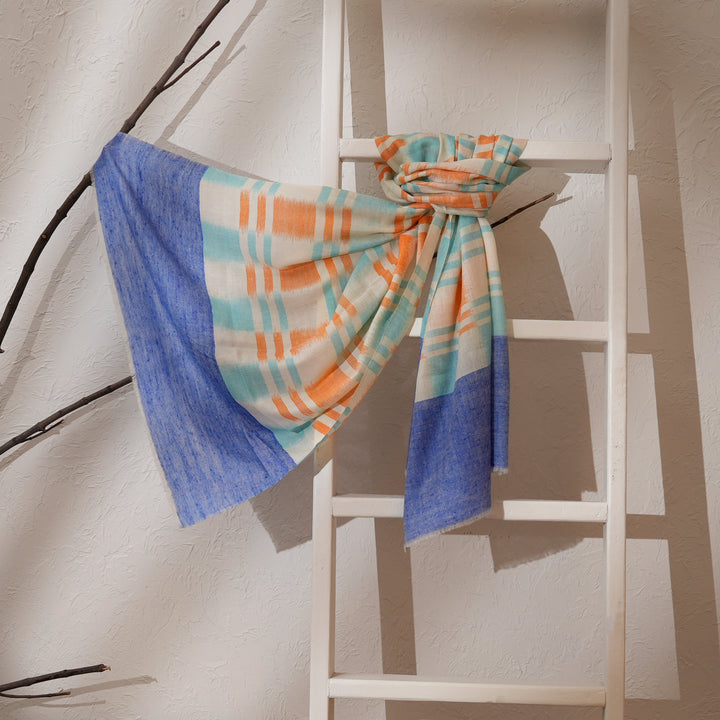 Handloom Pashmina Stole – Ekat Design | Blue, Golden, Navy Blue & White