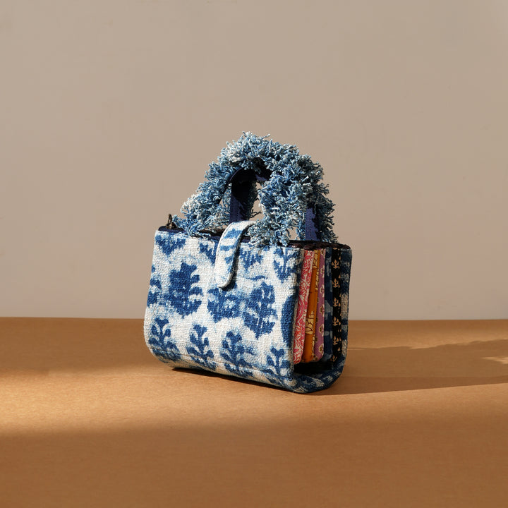 Handcrafted Boho Organizer Tote | white blue bag
