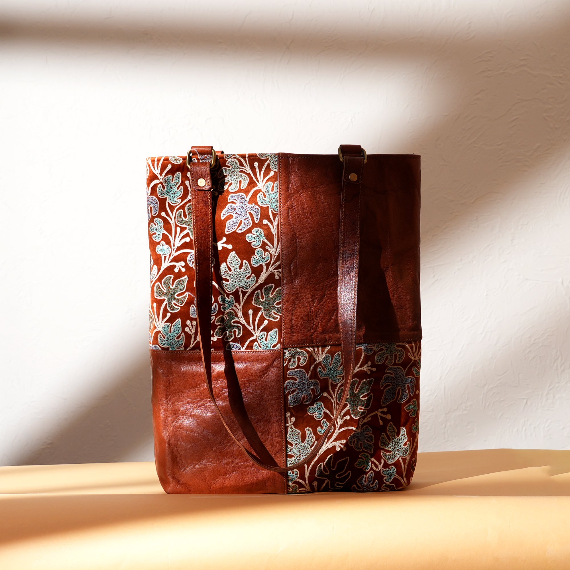 Handcrafted Goat Leather & Embroidered Fabric Tote