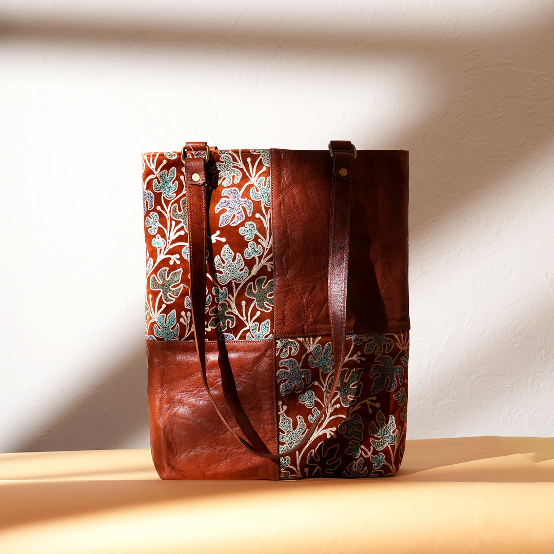 Handcrafted Goat Leather & Embroidered Fabric Tote