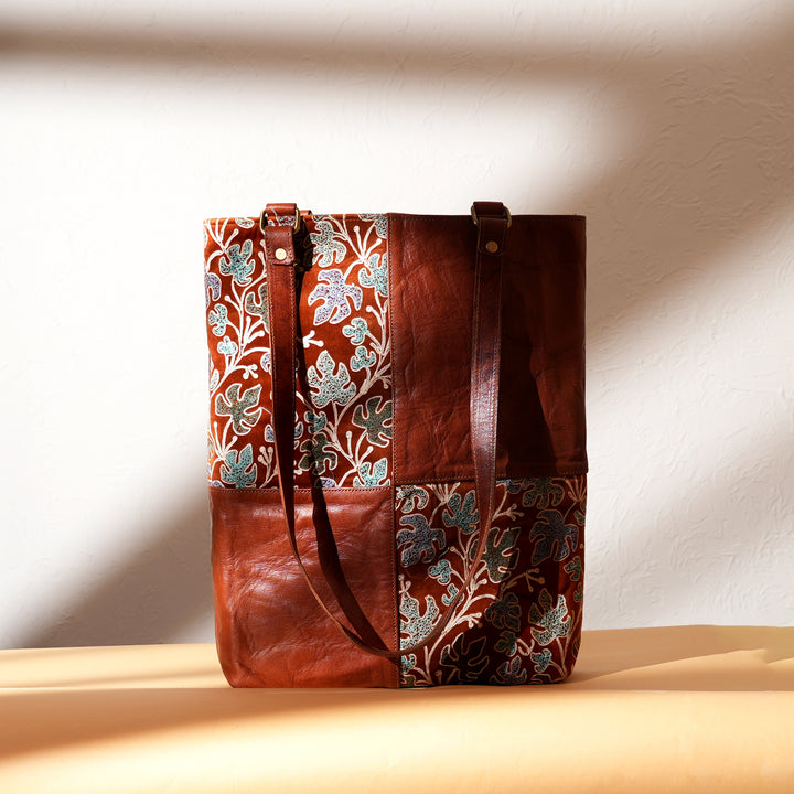 Handcrafted Goat Leather & Embroidered Fabric Tote