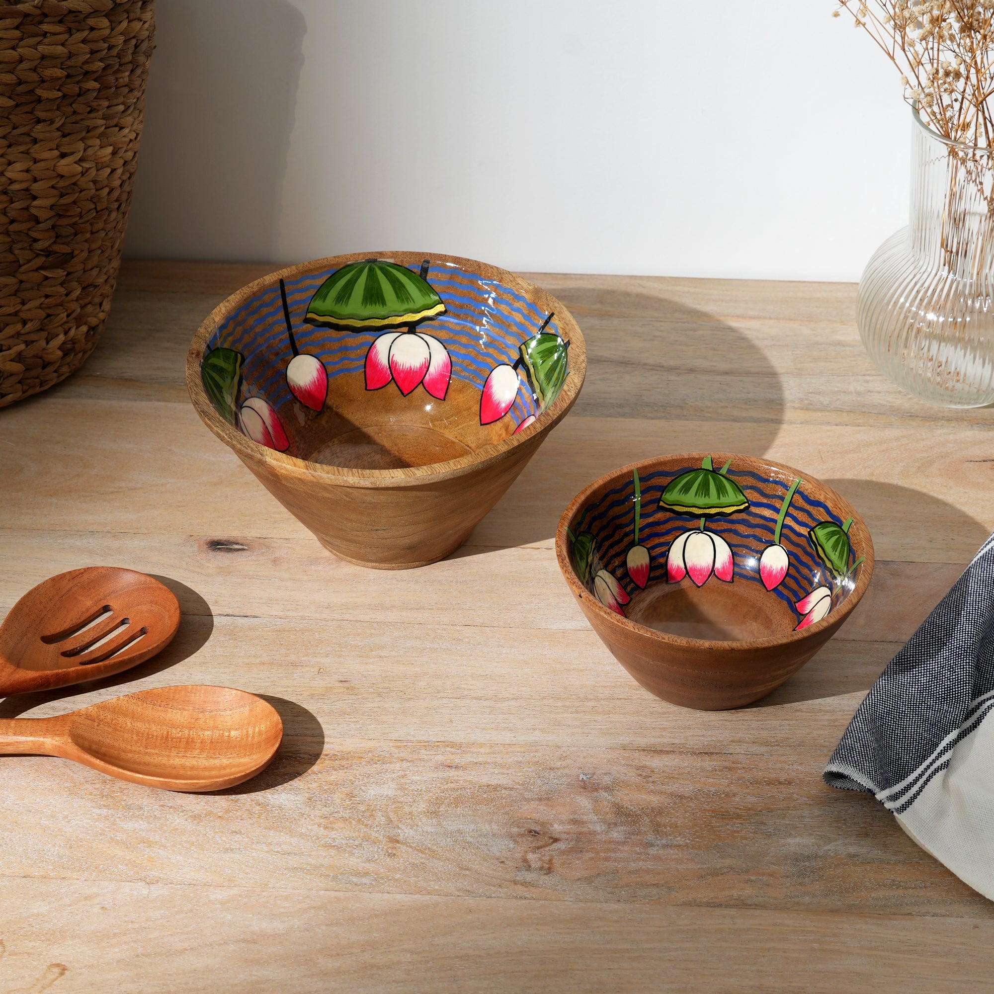 Hand-Painted Lotus Motif Wooden Bowl Small