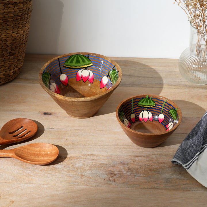 Hand-Painted Lotus Motif Wooden Bowl Small