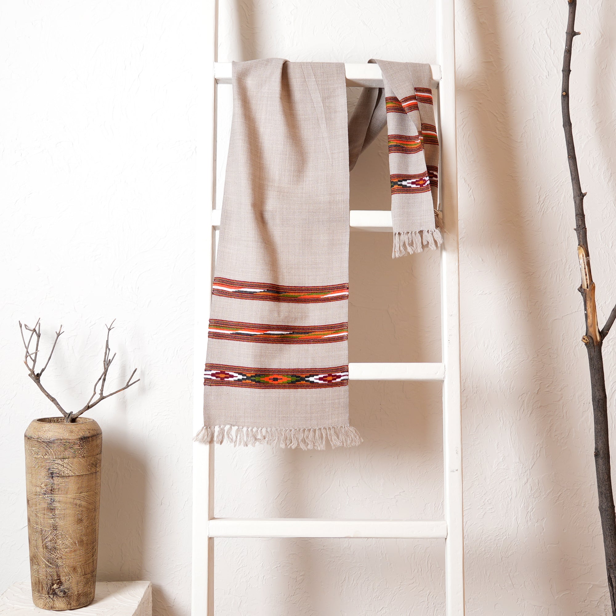 Woolen Scarf with 3-3 Border – Natural Beige