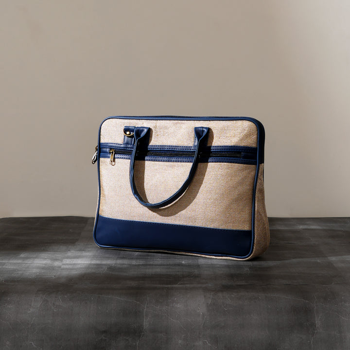 Beige Jute Silk Executive Tote with Black Trim
