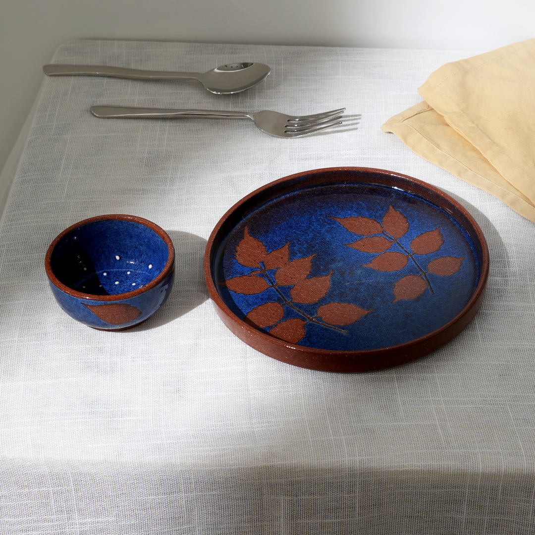 Handmade Terracotta Dinner Plate – Leaf Imprint with Blue Slip Glaze