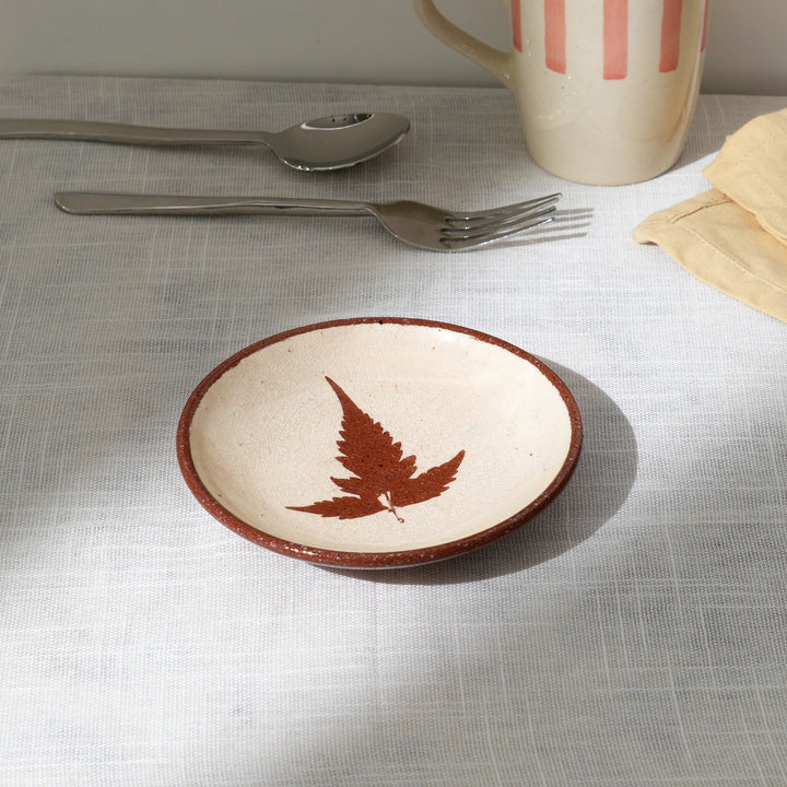 Handmade Terracotta Saucer Plate – White Leaf Slip with Glazed Finish
