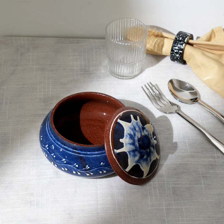 Handmade Terracotta Handi – White & Blue Slip with Glazed Finish