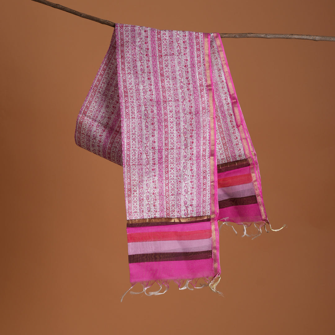 Sanganeri Handblock Print Silk Cotton Stole | Pink