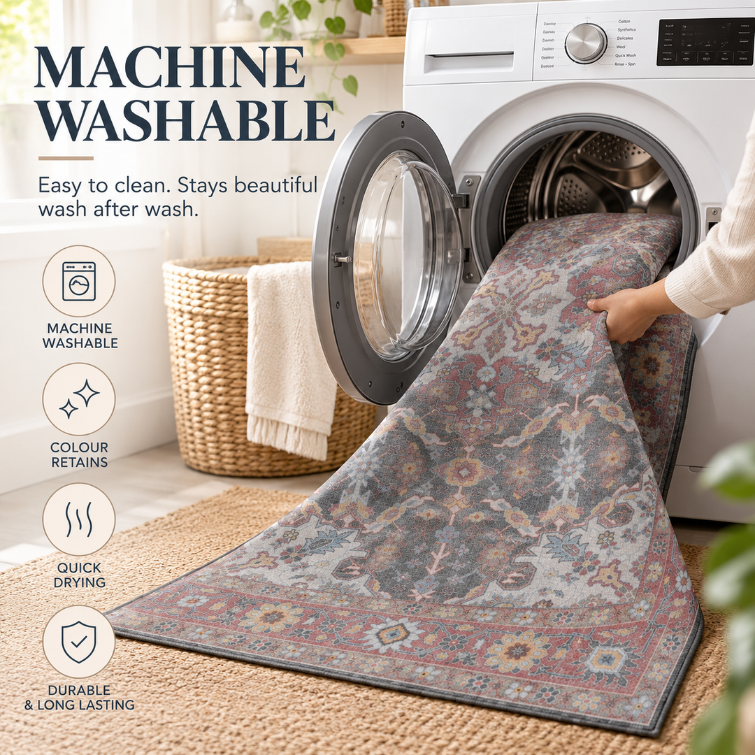 Expobazaar Washable Vintage Charcoal Persian Floral | Rug in a Box