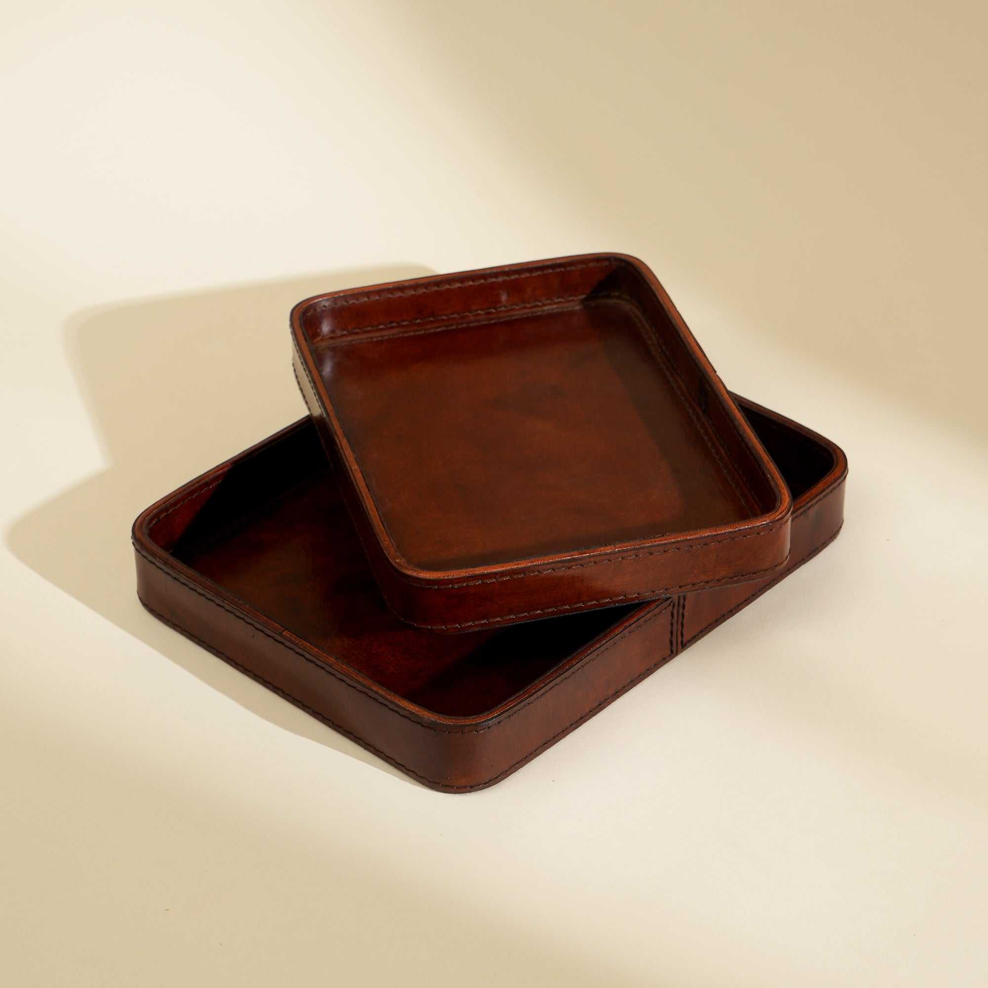 Set of 2 Brown Leather Pin Trays Elegant Catchall Organizer
