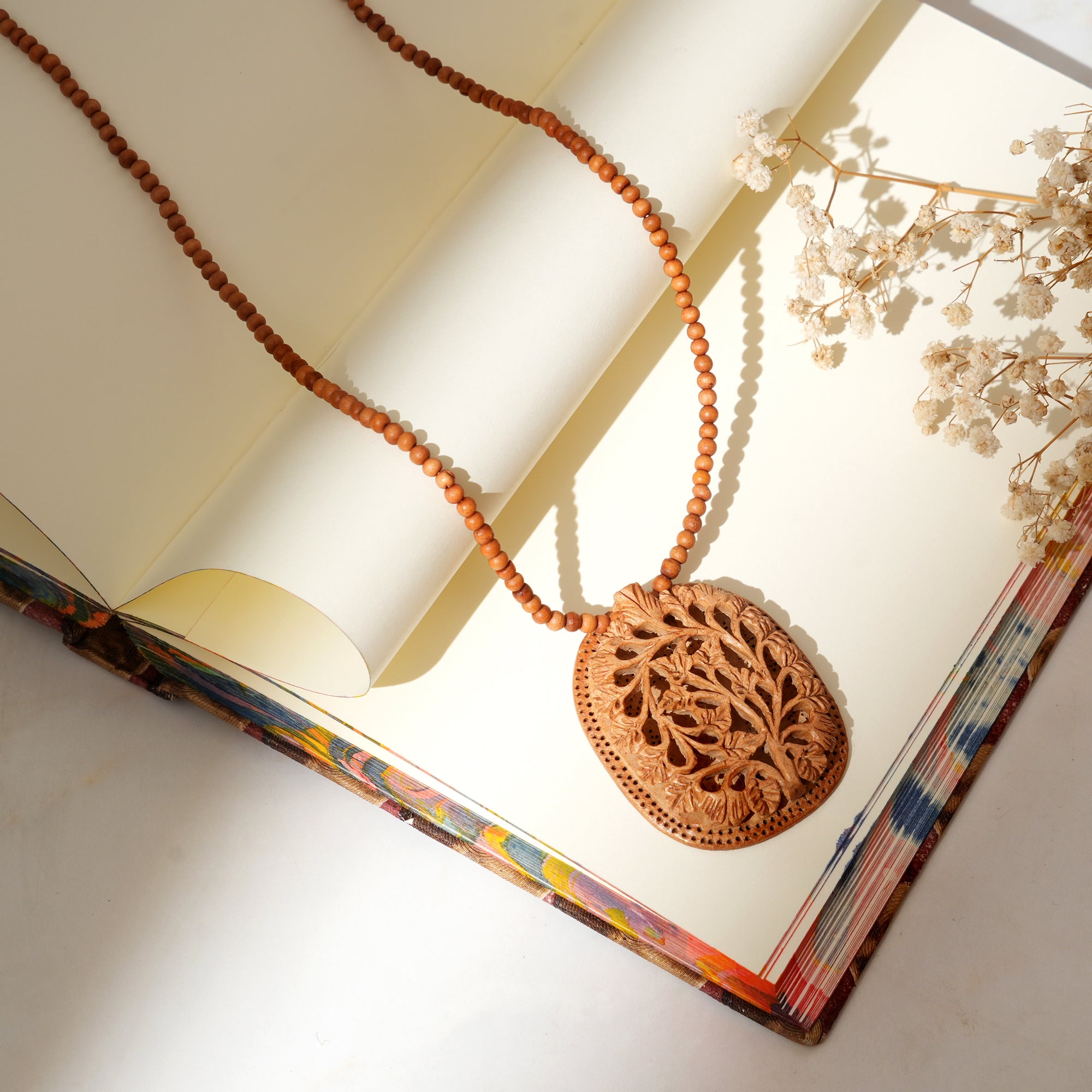 Wooden Pendant Necklace for Women | Handcrafted Wood Jali Design | Boho Style Jewelry