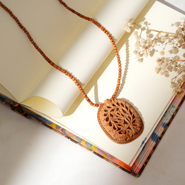 Wooden Pendant Necklace for Women | Handcrafted Wood Jali Design | Boho Style Jewelry