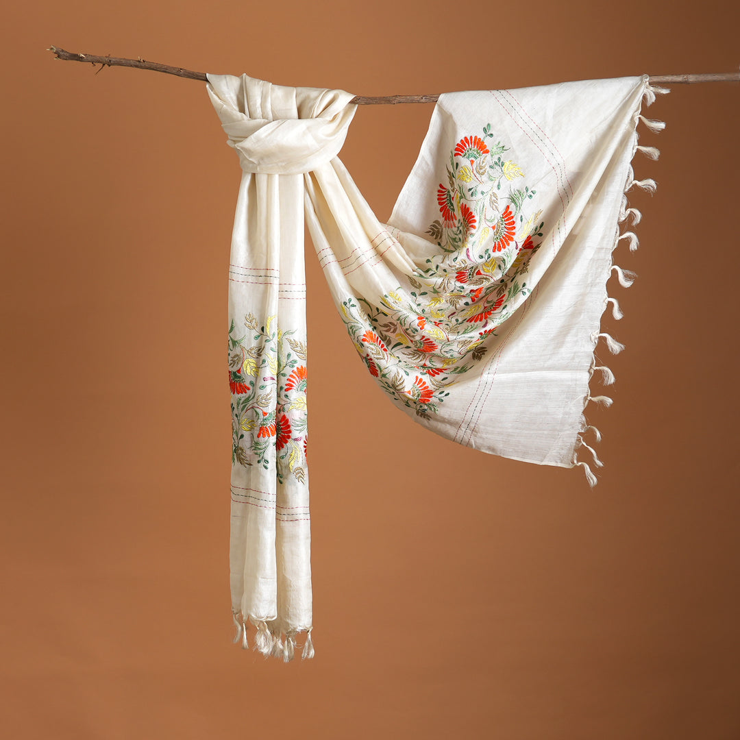 Hand-Embroidered Dupatta – Paper Tussar Silk | white