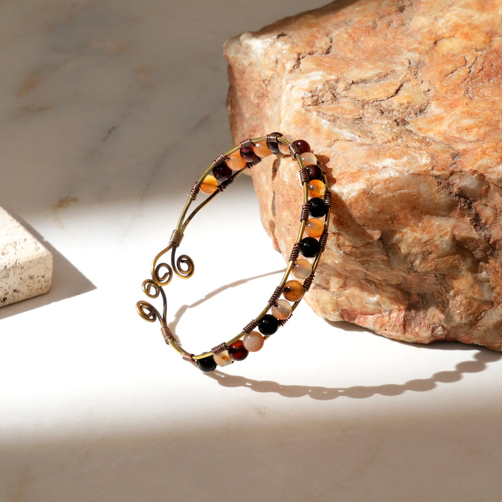 Adjustable Brass & Copper Bangle with Natural Gemstone Beads