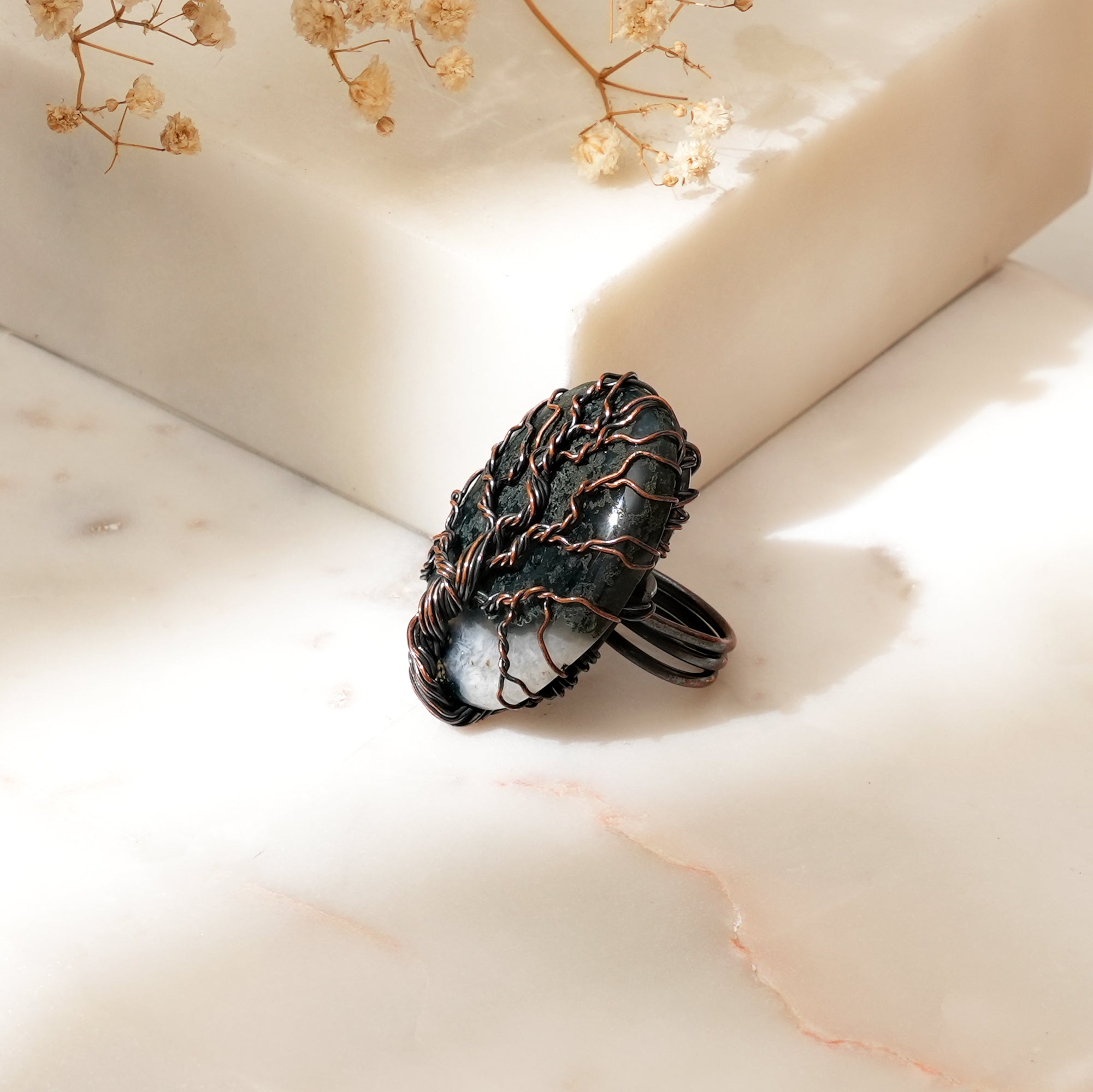 Tree of Life Wire-Wrapped Copper Ring with Natural Gemstone