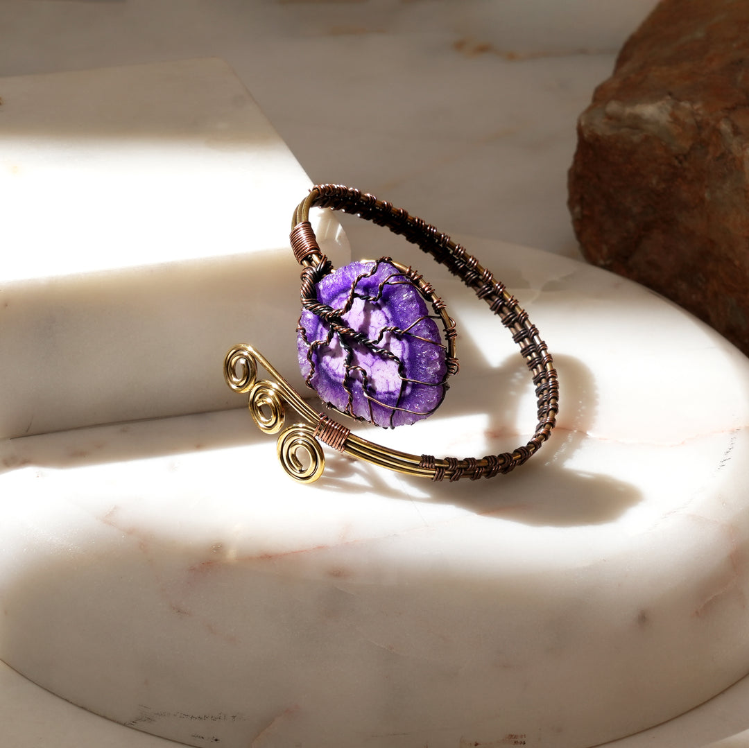 Tree of Life Wire-Wrapped Adjustable Bangle – Brass & Copper with Natural Gemstones