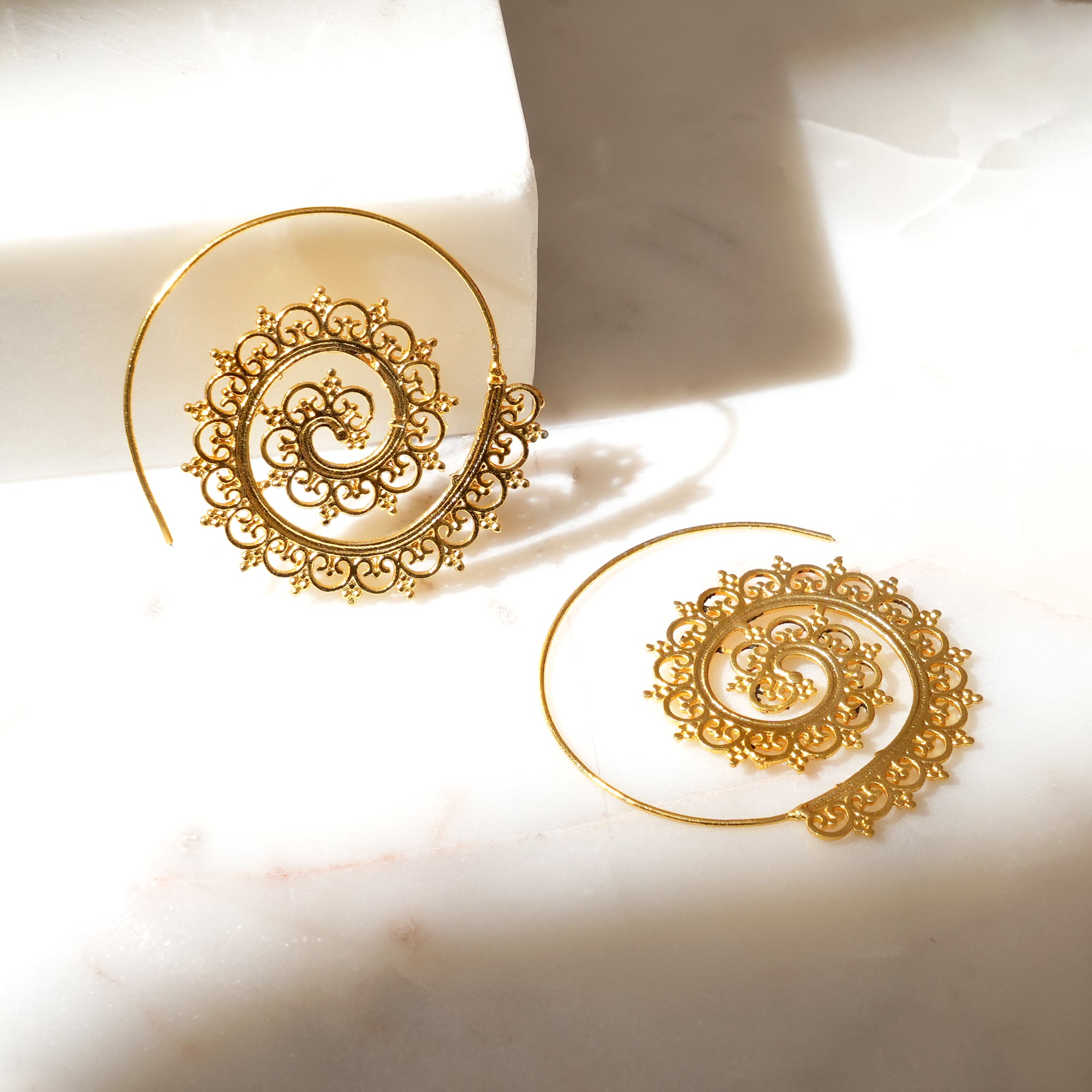 Gold-Plated Tribal Spiral Earrings – Brass Statement Jewelry