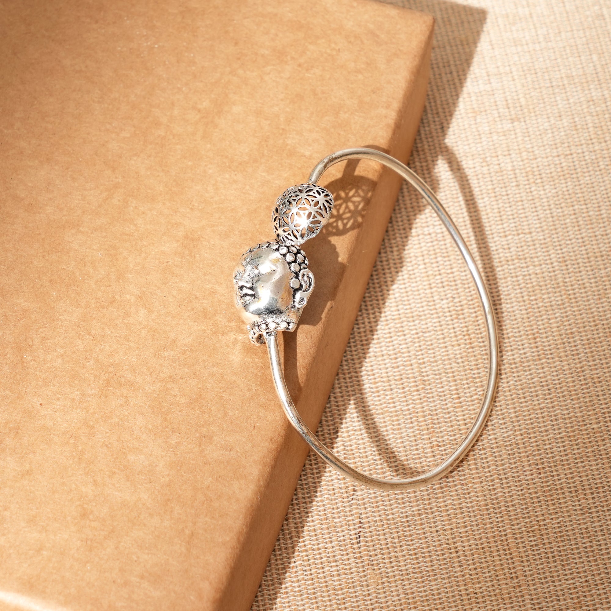 Silver-Plated Buddha Style Brass Bangle – Handmade & Adjustable
