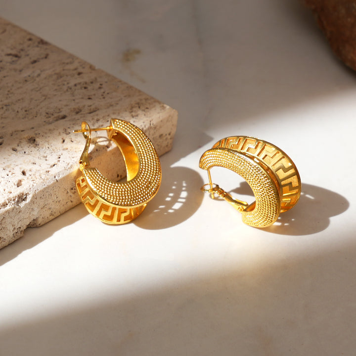 Textured Gold-Plated Greek Key Hoop Earrings