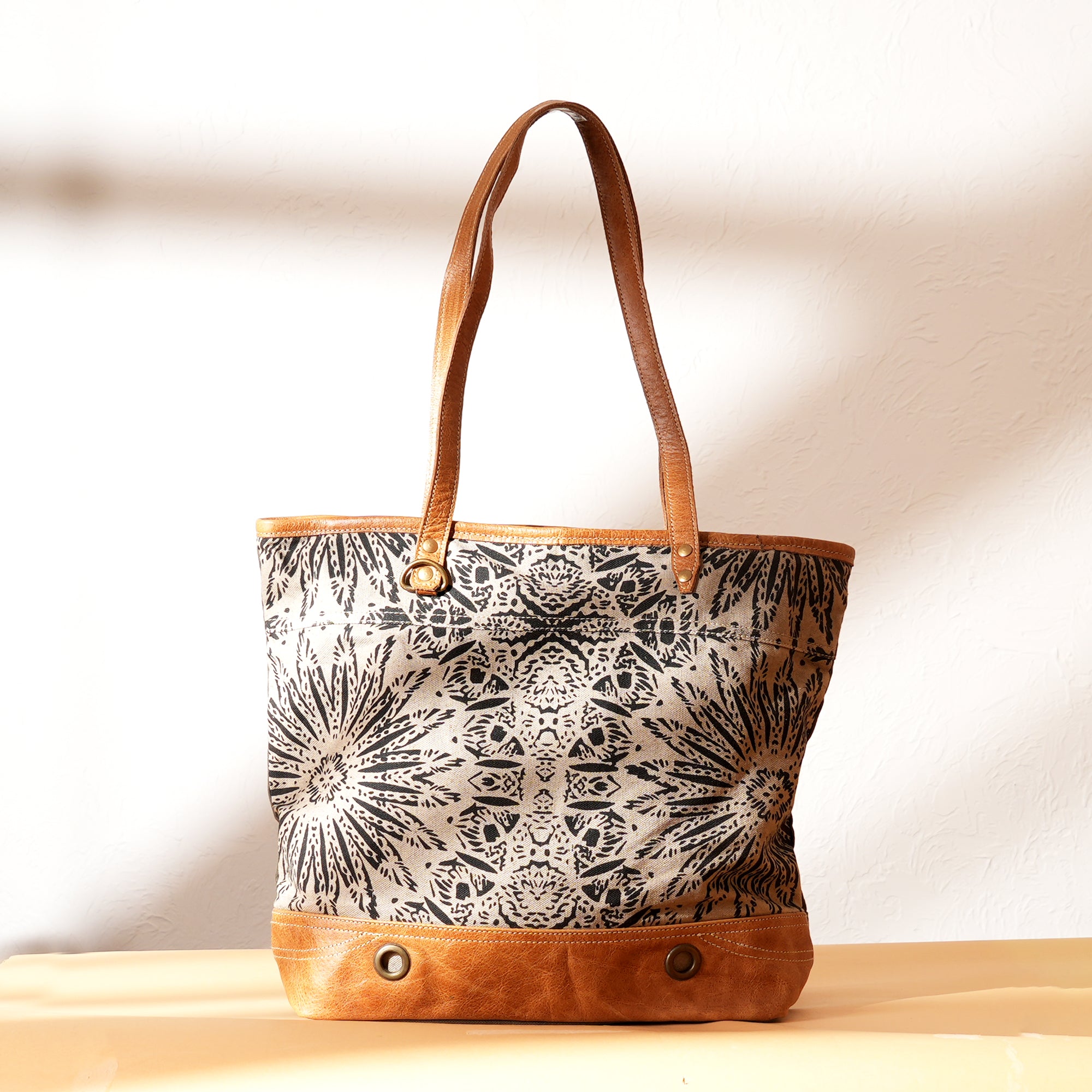 Boho Canvas Tote Bag – Olive Green Leaf Print with Tan Leather Handles