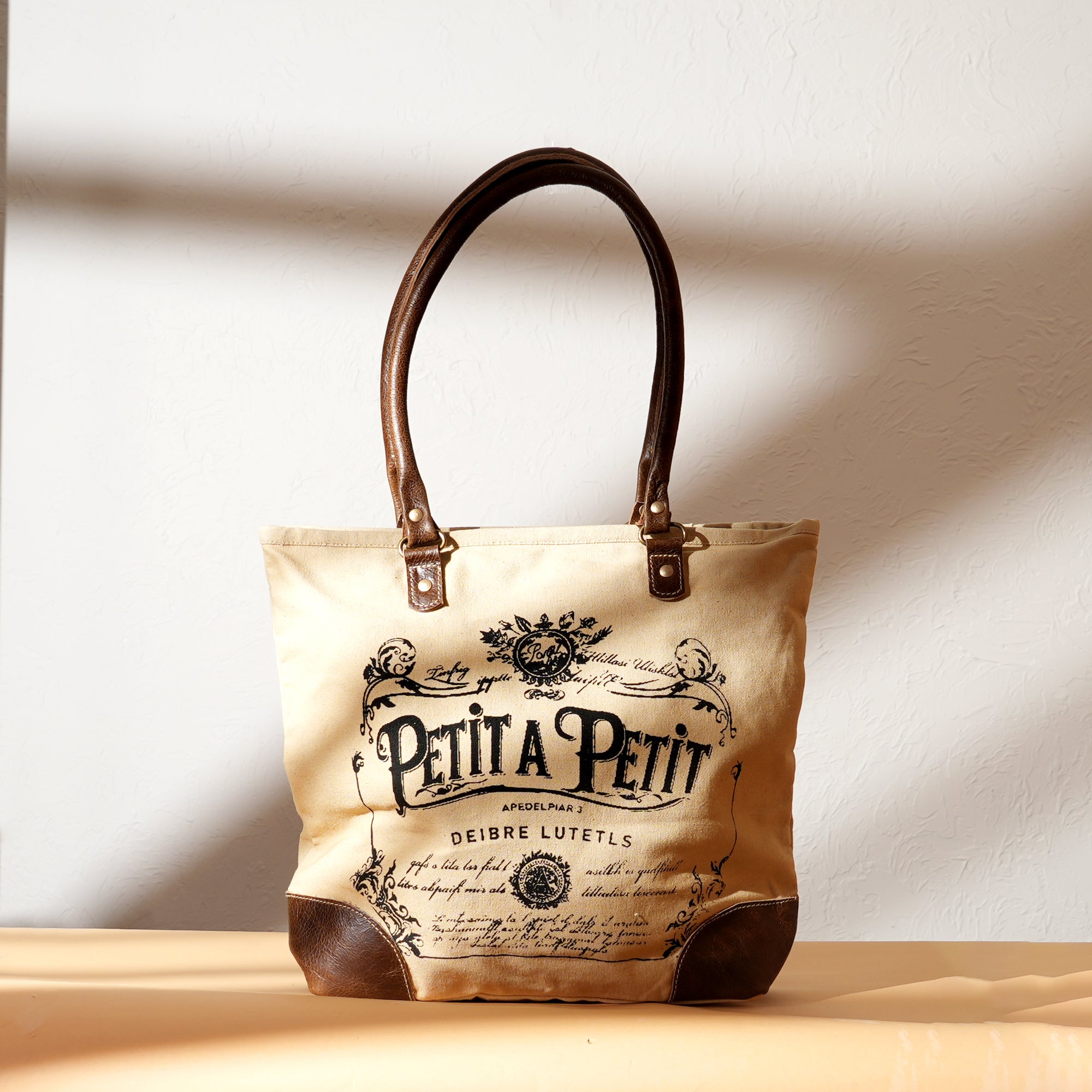 Handcrafted Vintage Canvas Tote | Earthy Print with Leather Handles