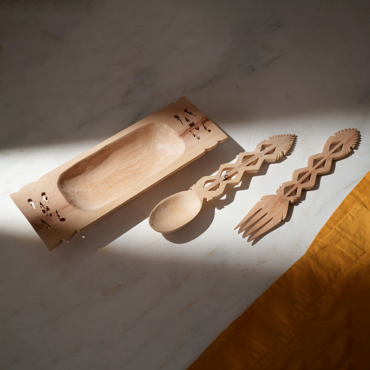 Hand-Carved Wooden Serving Set with Decorative Utensils