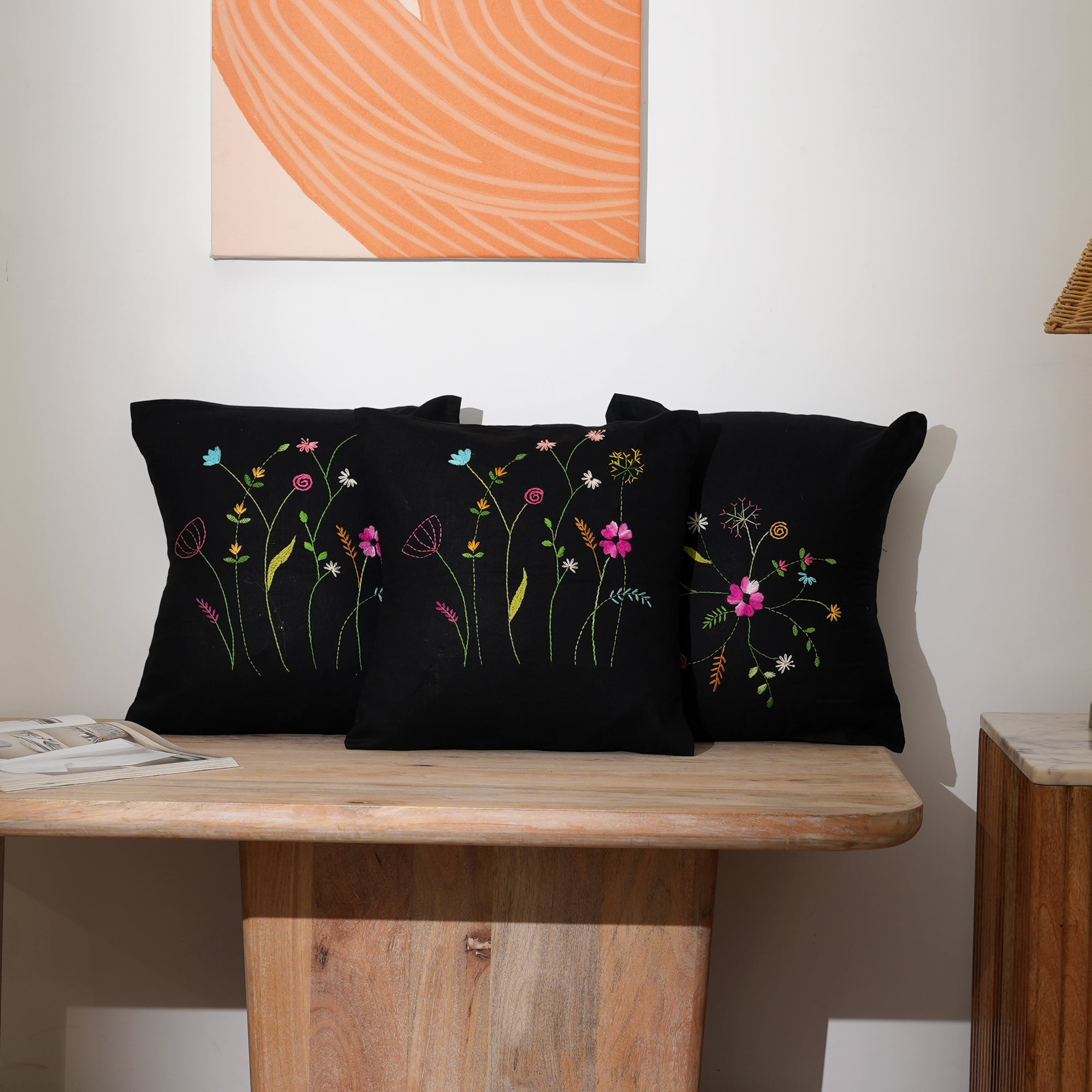 Black Cotton Pillow Cover - Multicolour Embroidery
