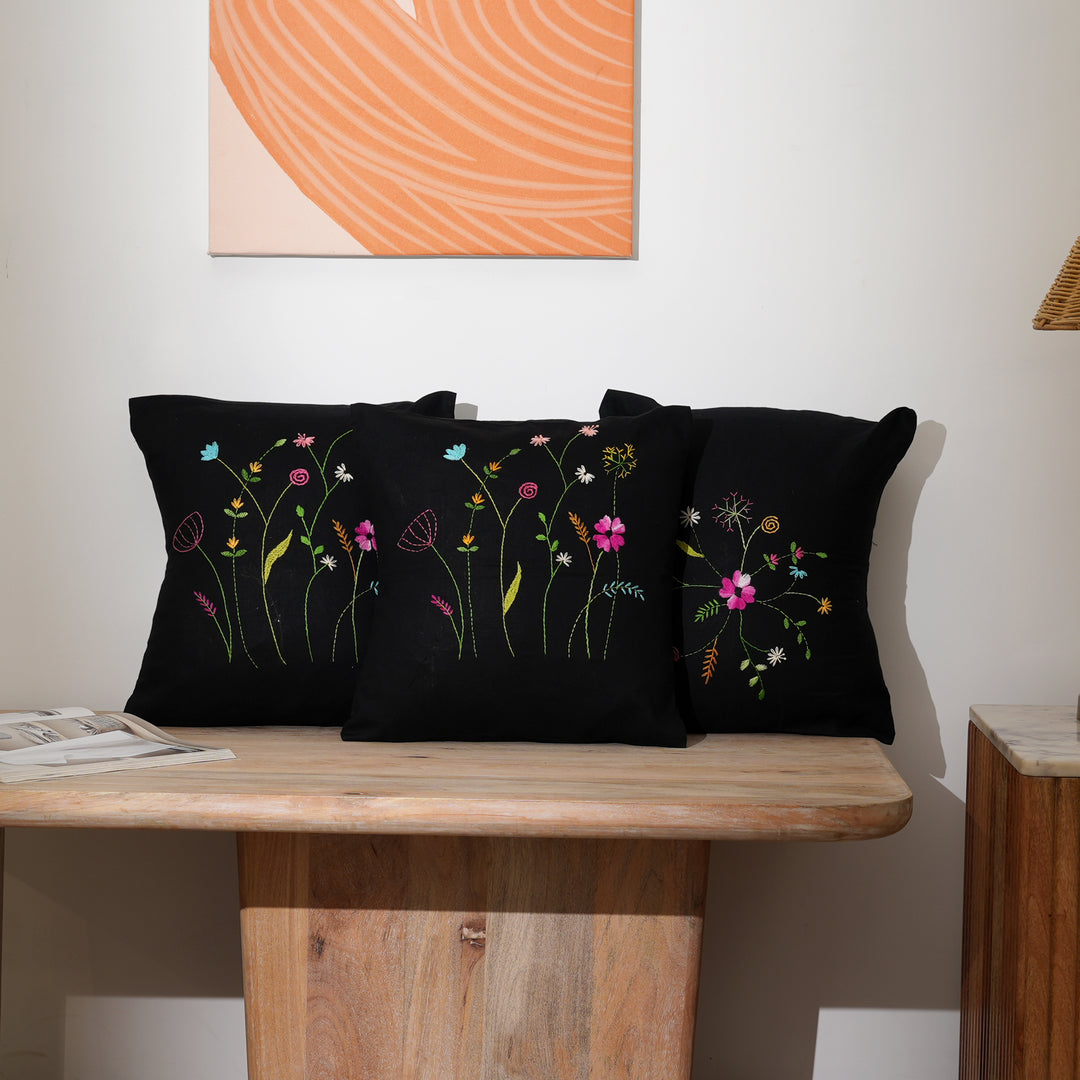 Black Cotton Pillow Cover - Multicolour Embroidery