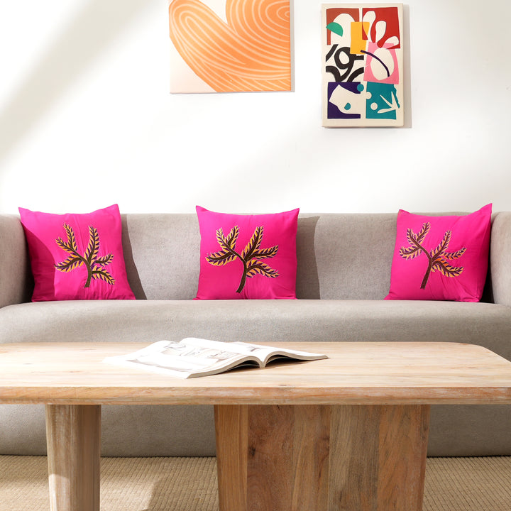 Pink & Multicolour Hand-Embroidered Cotton Cushion Cover