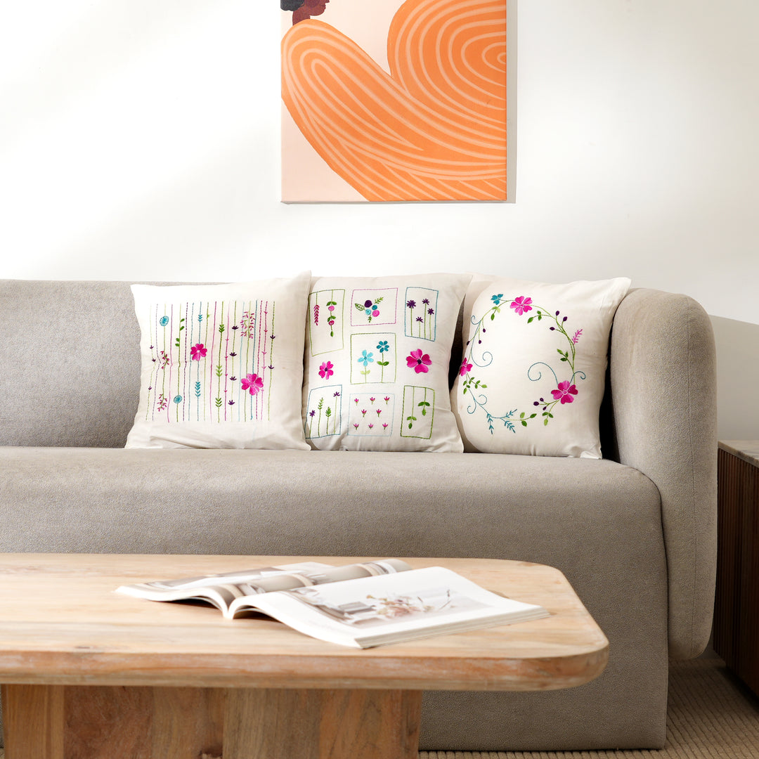 White Cotton Pillow Cover - Multicolour Embroidery