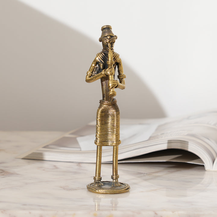 Tribal Woman Standing Musician – Turi, Kendra, Meridanga Figurine in Brass