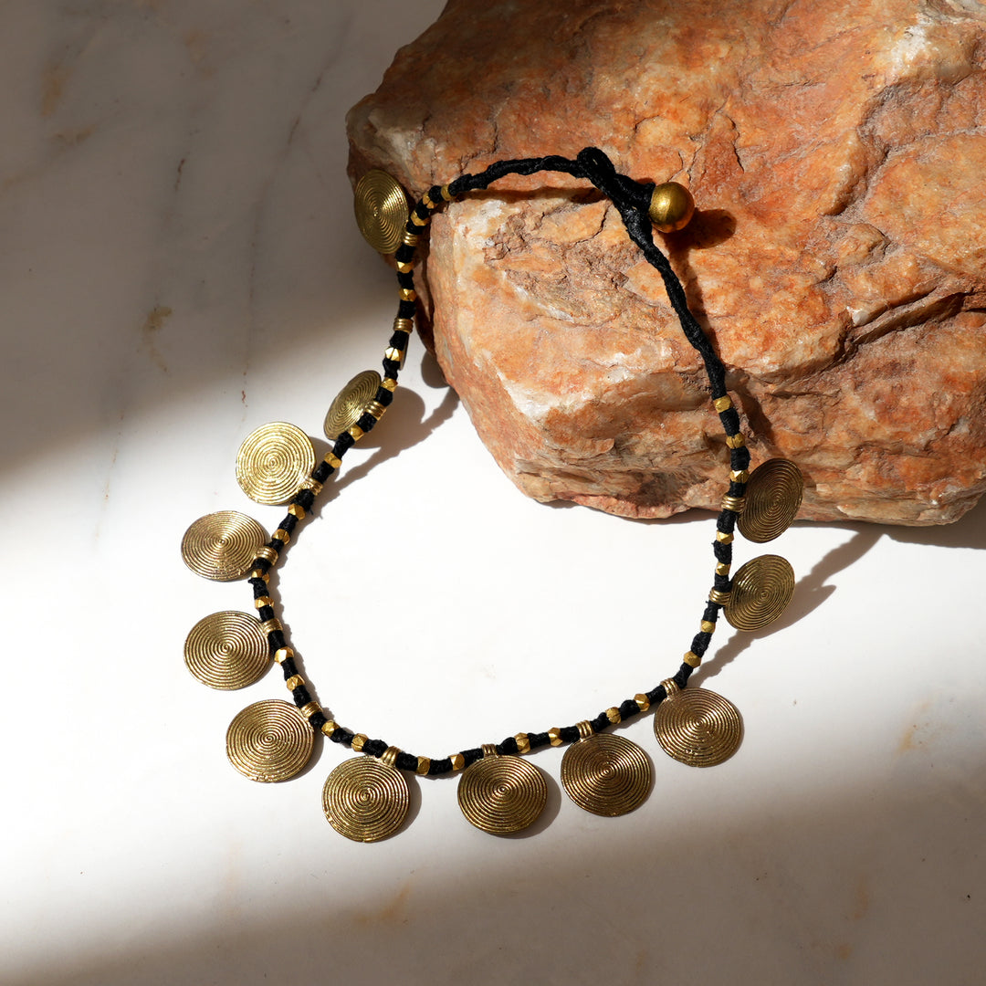Tribal Brass Bead Necklace - Handmade Cotton Thread Jewellery