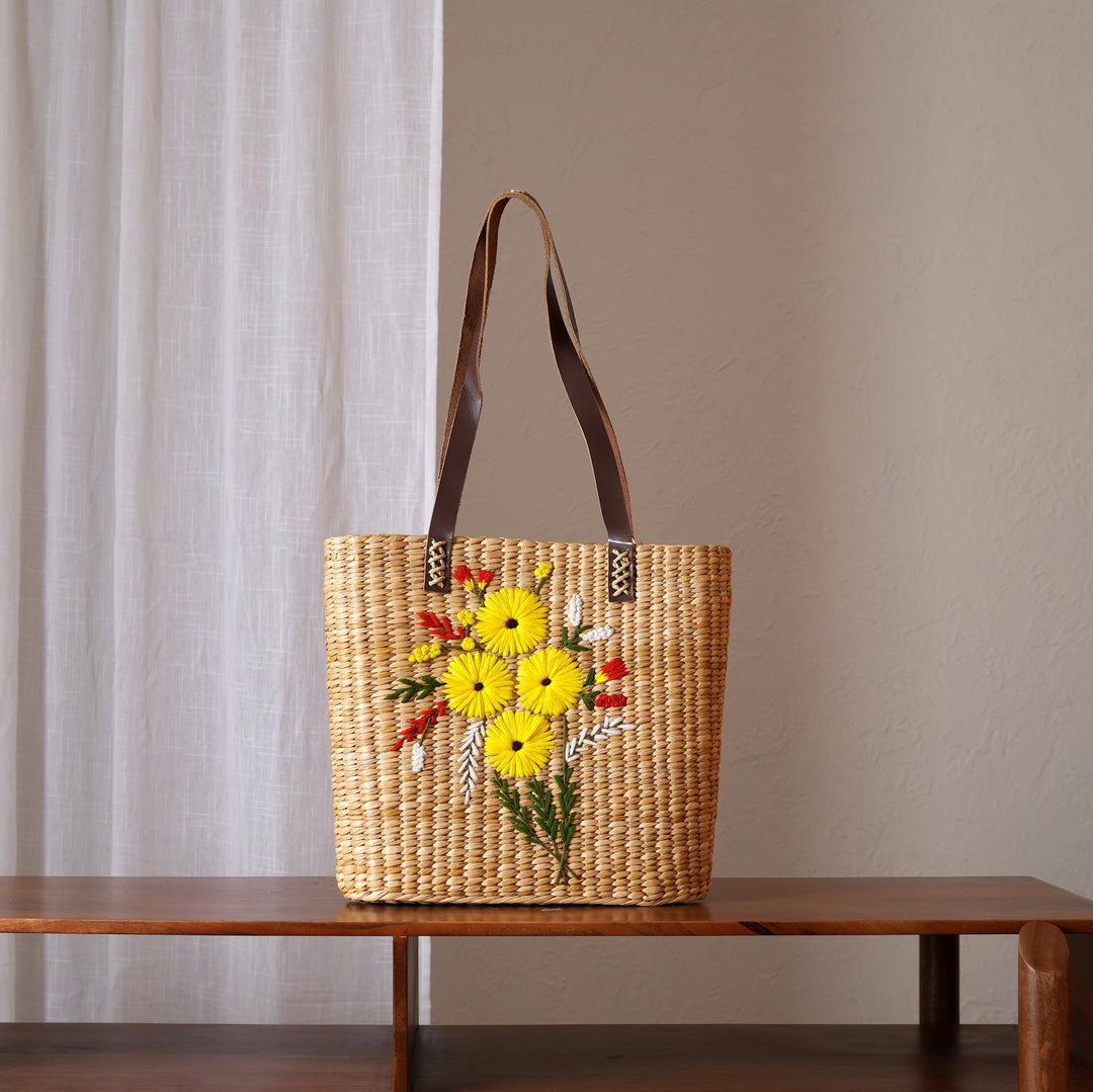 Handwoven Tote Bag with Floral Embroidery