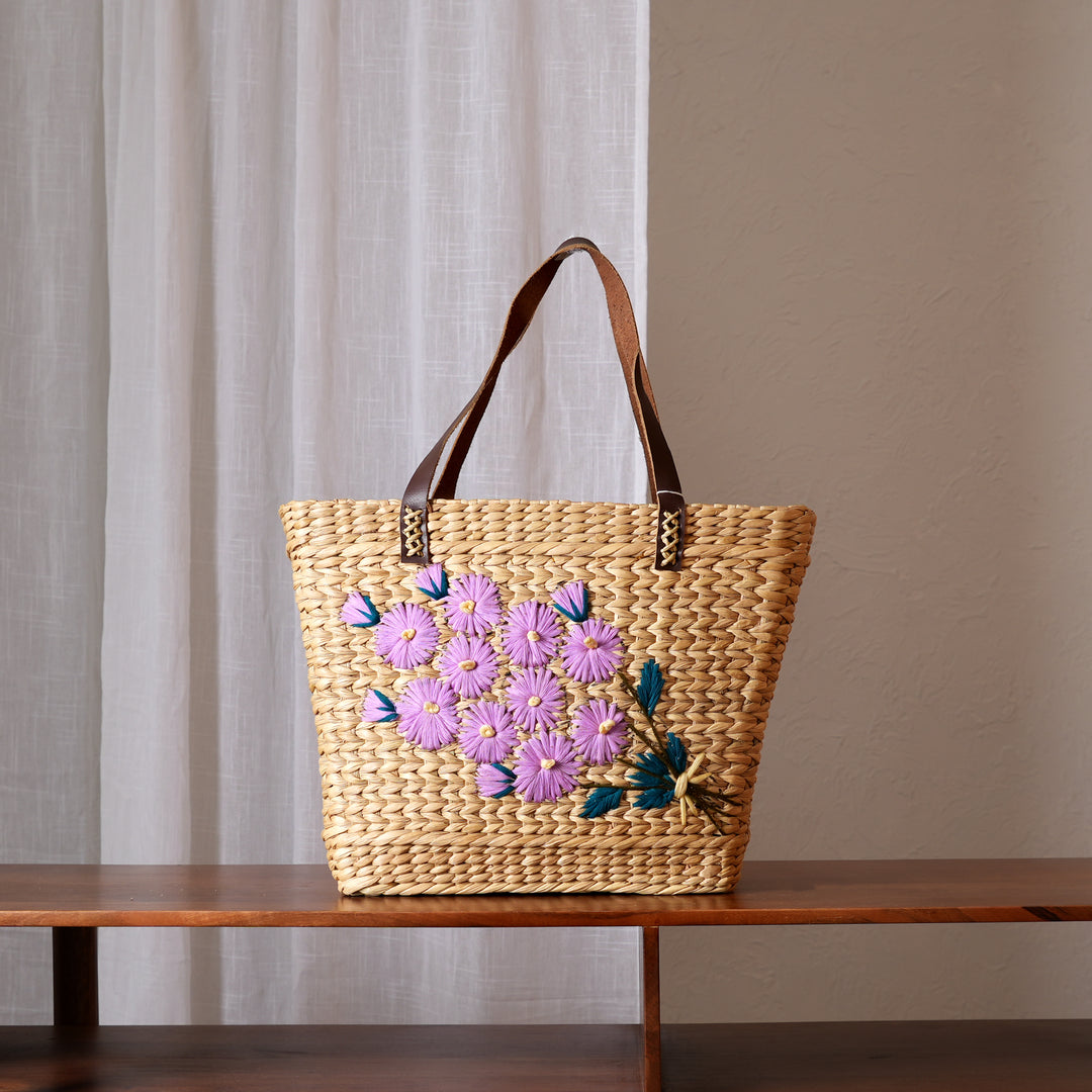 Artisan Hand-Embroidered Floral Woven Tote Bag