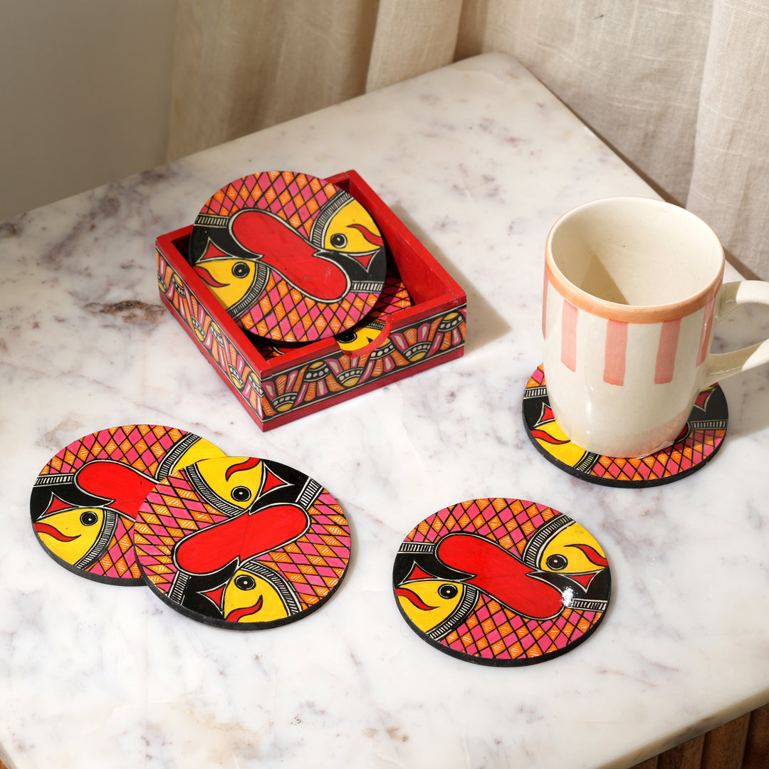 Madhubani Fish Coaster Set – 6 Hand-Painted MDF Coasters with Holder