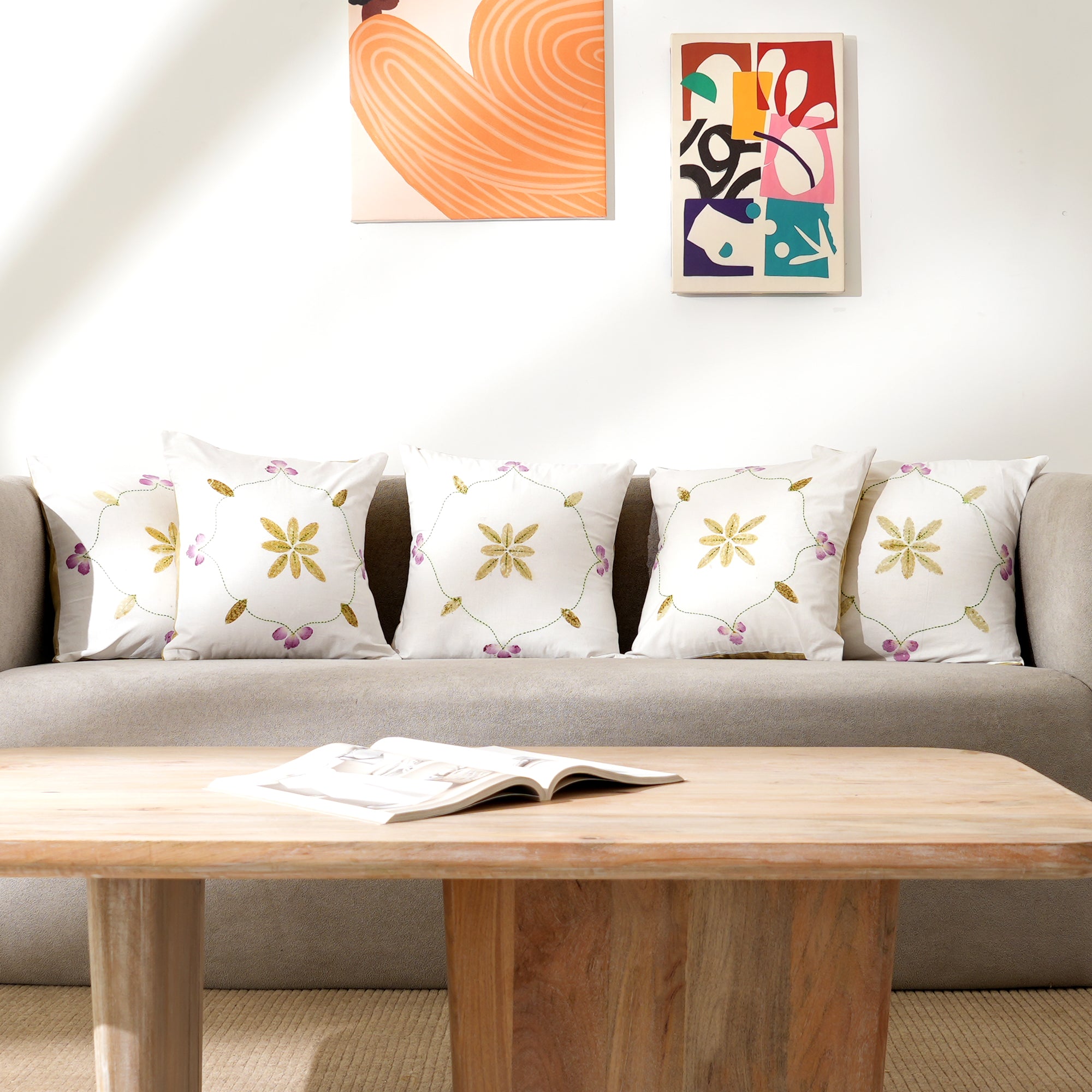 Floral Embroidered Cushion Cover in Casement Fabric