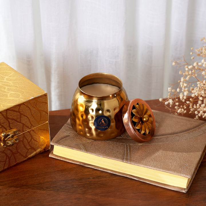 Luxury Hammered Brass Pot Candle with Floral Lid