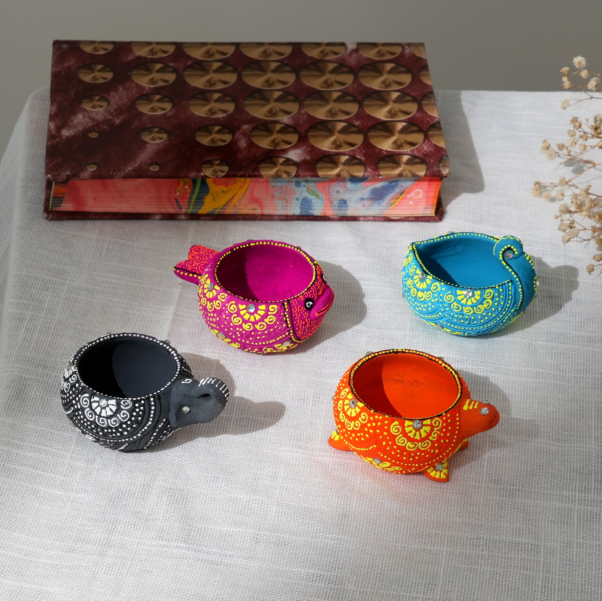 4-Piece Terracotta Animal Diya Set