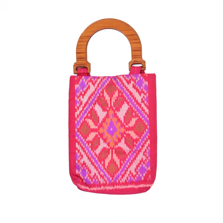 Patola Silk Handloom Fabric Bag – Pink Ikat with Wooden Handle