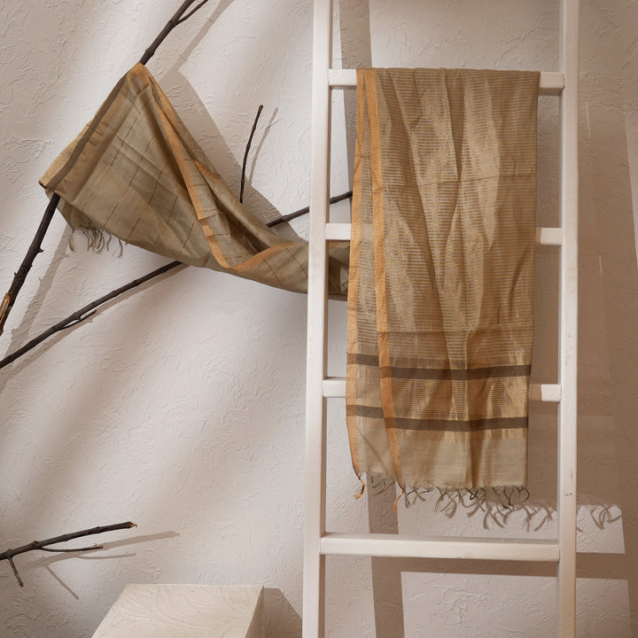 Handwoven Mulberry Silk Stole with Zari Border – Light Olive Green